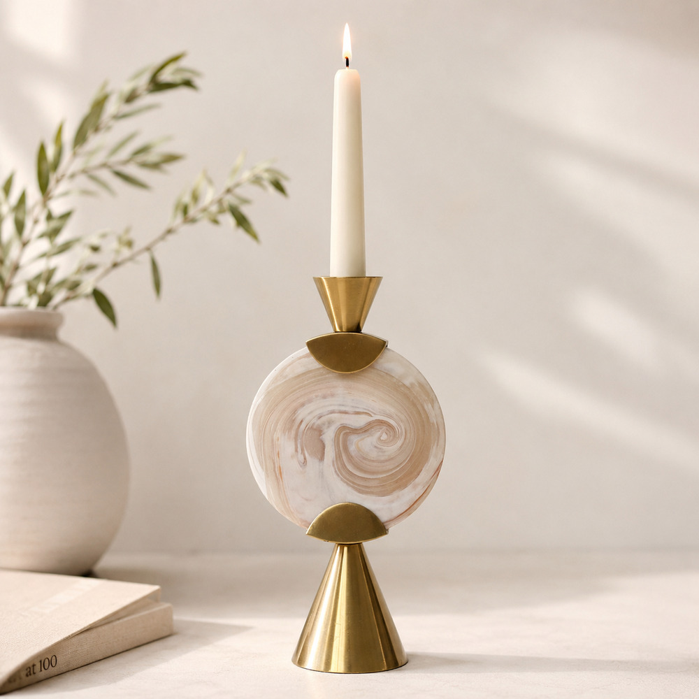 Anthropologie Francine Taper Candle Holder | Modern Blush Swirl Glass and Brass